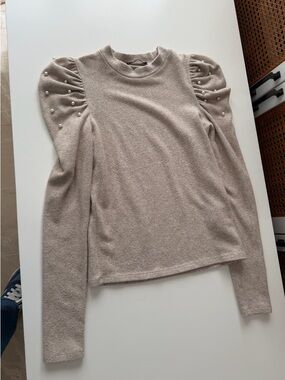 Zara Cream Puff Sleeve Pearl-Detail Long Sleeve Top